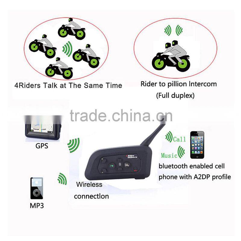 2016 updated soft Earphone! 2 pcs V4 Motorcycle Helmet Bluetooth Intercom Headset with FM for 4 Riders 1200m Wireless Interphone