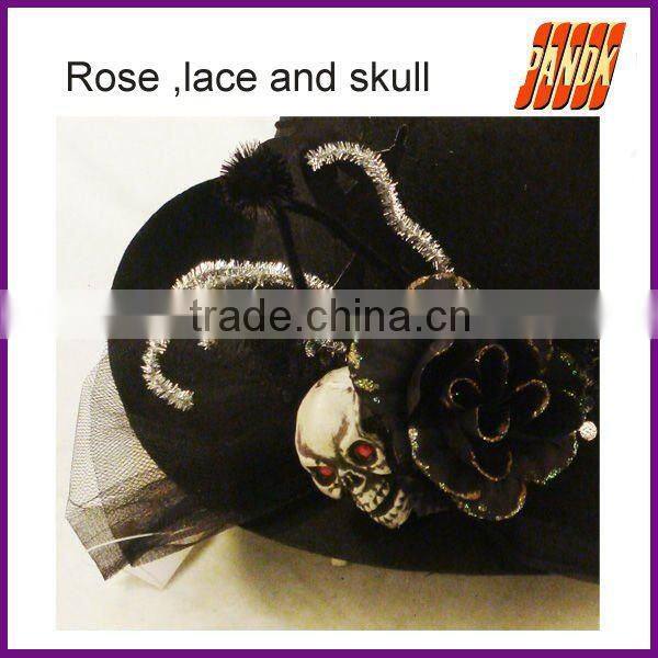 Fashion felt-cloth Black top hat with glittered rose and lace