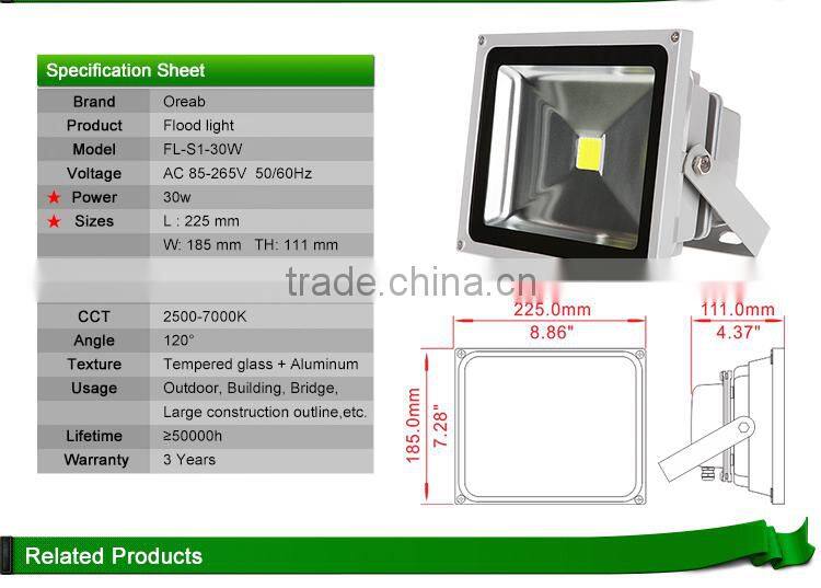 High Efficiency 30w cob led epistar chip with ip65 for outdoor