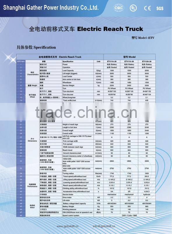 Steated 2 Ton Electric Reach Forklift uesed for Warehouse in narrow aisle