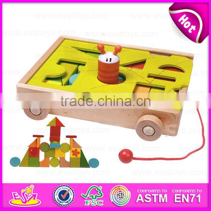 2015 Blocks Trolly wooden educational toy for kids,Wooden building blocks sorter trolly toy,Pull wooden block trolly toy W13C021
