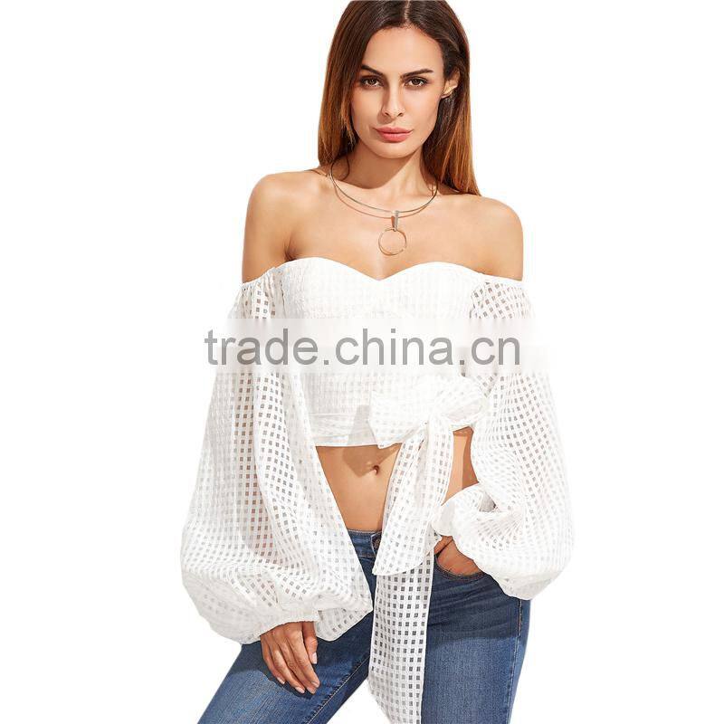 Ladies Sexy Slim Off Shoulder Blouses White Oversize Lantern Sleeve Belted Eyelet Top Blouse