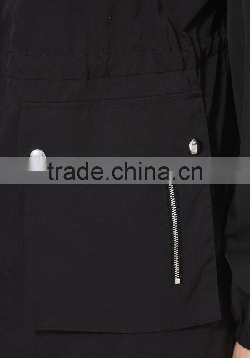 2015 OEM fashion zip through plain wind proof coat long jacket for women.