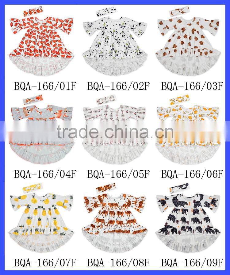 Yiwu lovababy kid dress short front long behind with same fabric bow headband latest design baby frock