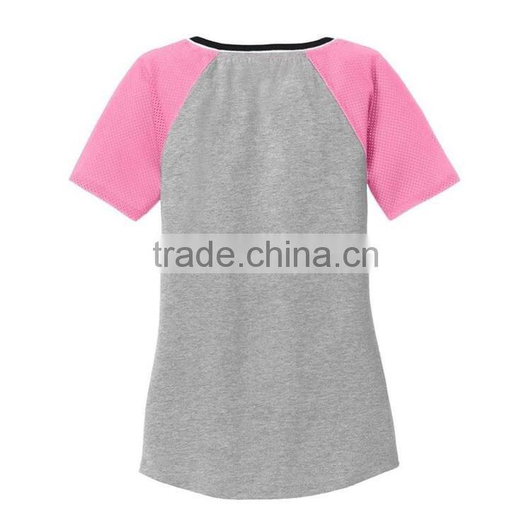 Fashion women grey and pink blank raglan v-neck high visibility t-shirts