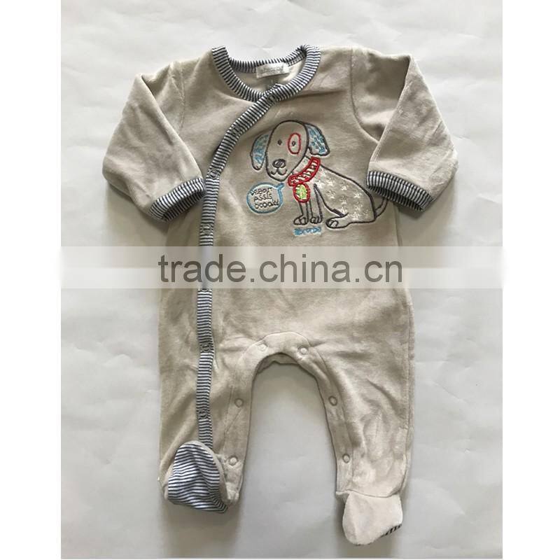 75% cotton 25% polyester velour baby boys footed romper