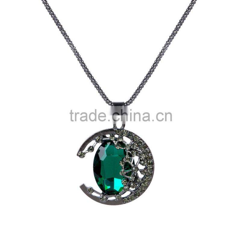 New Fashion Popcorn Chain Faceted Malachite Green & Black Rhinestone Gunmetal Moon Pendant Necklace