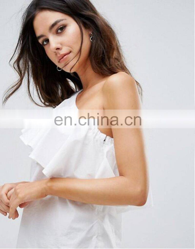 Ladies latest white cotton shirt cheaper wholesale ruffle design for women