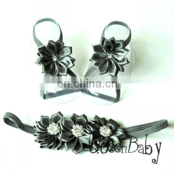 Baby Barefoot Sandals Satin Flower with thin Elastic Matching Headband