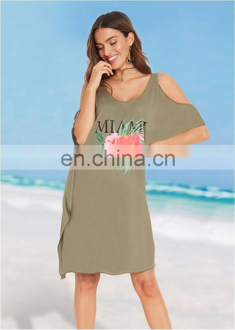 2019 Sexy Cold Shoulder Bikini Cover Ups Casual Miami Beach Letters Printed Summer Dress Women Beachwear Swimsuit Cover Up