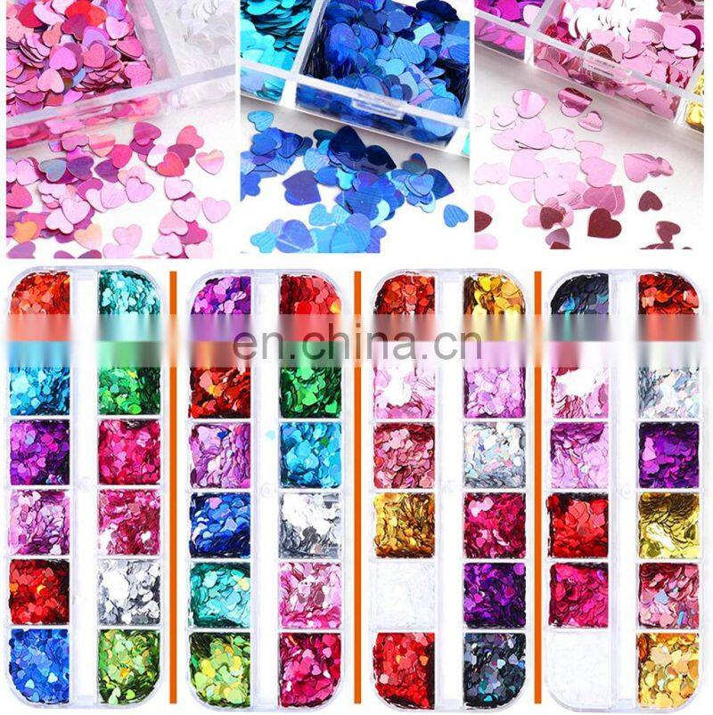 Hot sale 12 Grids Colorful Nail Art Sequins Holographic Glitter Flake Valentine's Day Heart Shape Designs 3D Nail Art Decoration
