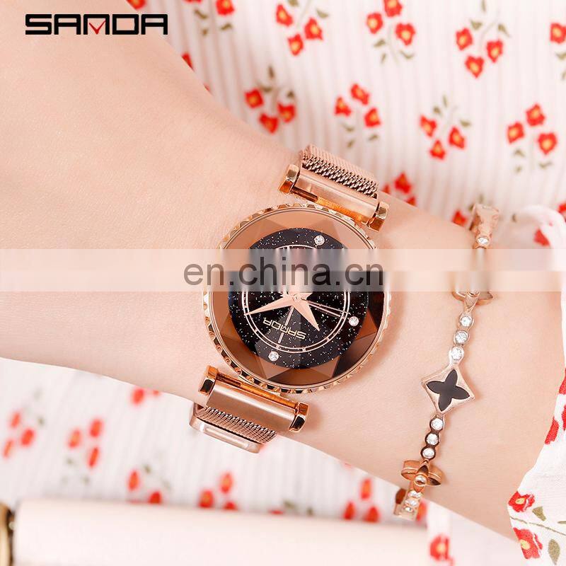 SANDA P1015 Best Mash Ladies Watch Analog Quartz Stainless Steel Starry Sky Business Office Lady Watch