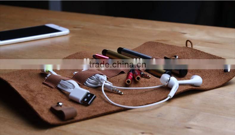 multiple use real crazy horse leather data cable storage bag custom pencil bag roll organizer