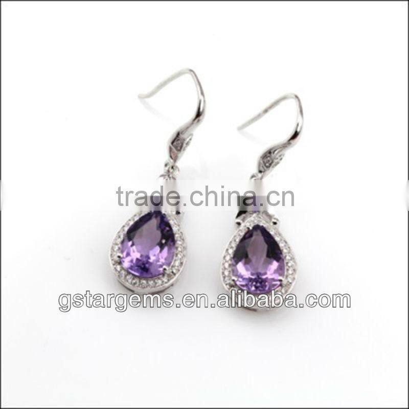 925 Sterling Silver Natural Amethyst Rhodium Plated CZ Earring Gemstone Semi Pecious Stone Jewelry