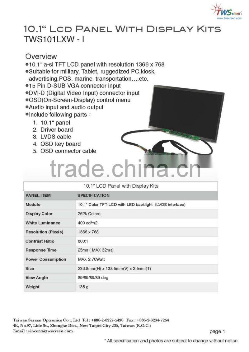 for Transportation Panel, DIY Kit with 10.1" Lcd Panel 1366x768 resolution