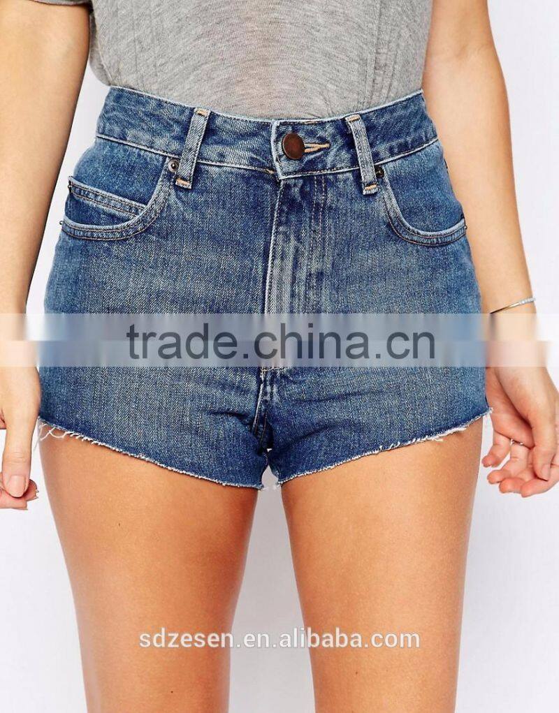 OEM Service 100% Cotton High Rise Denim Jeans Shorts With Raw Hem In Waterfall Mid Wash For Women Wholesale