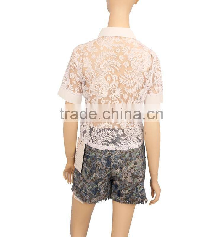 2015 short sleeve ladies tops women white lace blouse