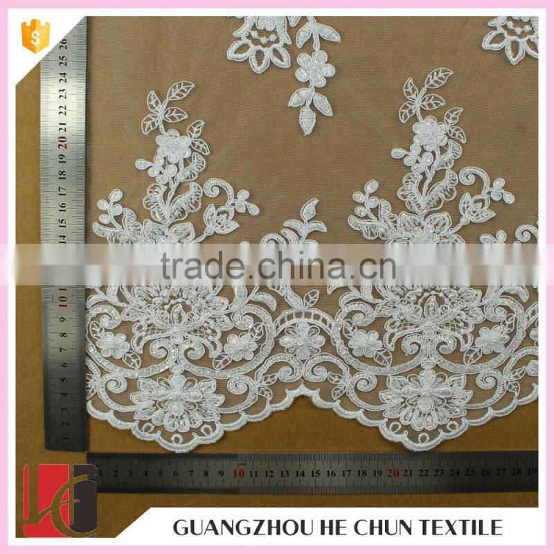 HC-5893-1 Hechun Pearl Beading Crocheted Wholesale Bridal Lace Fabric for Wedding Dress 2016