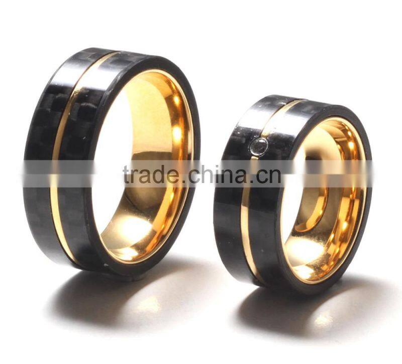 18K Yellow Gold Plated carbon fiber 8mm Wide Titanium ring for couples