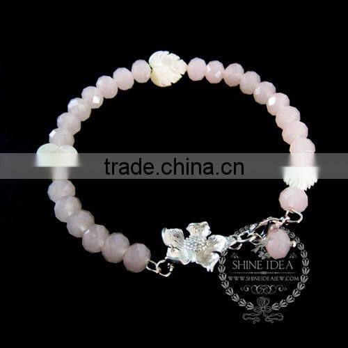 silver flower heart leaf charm summer ice pink faceted glass beads fashion women wiring bangle bracelet 6490037