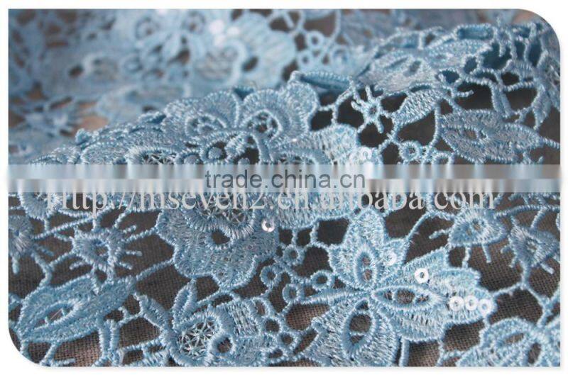 Good quality nylon light blue/rose red crochet lace fabric wholesale