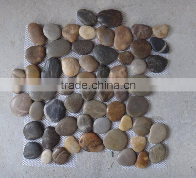 Polished mixed color pebble mesh tiles