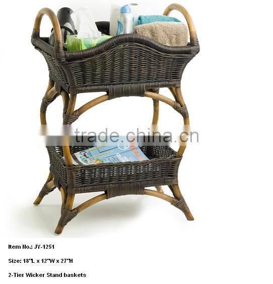 Modern 2 tiers wicker basket stand with wood handles