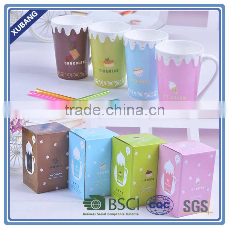 Innovation High quality oem ceramic ice cream coffee mug with handle and straw