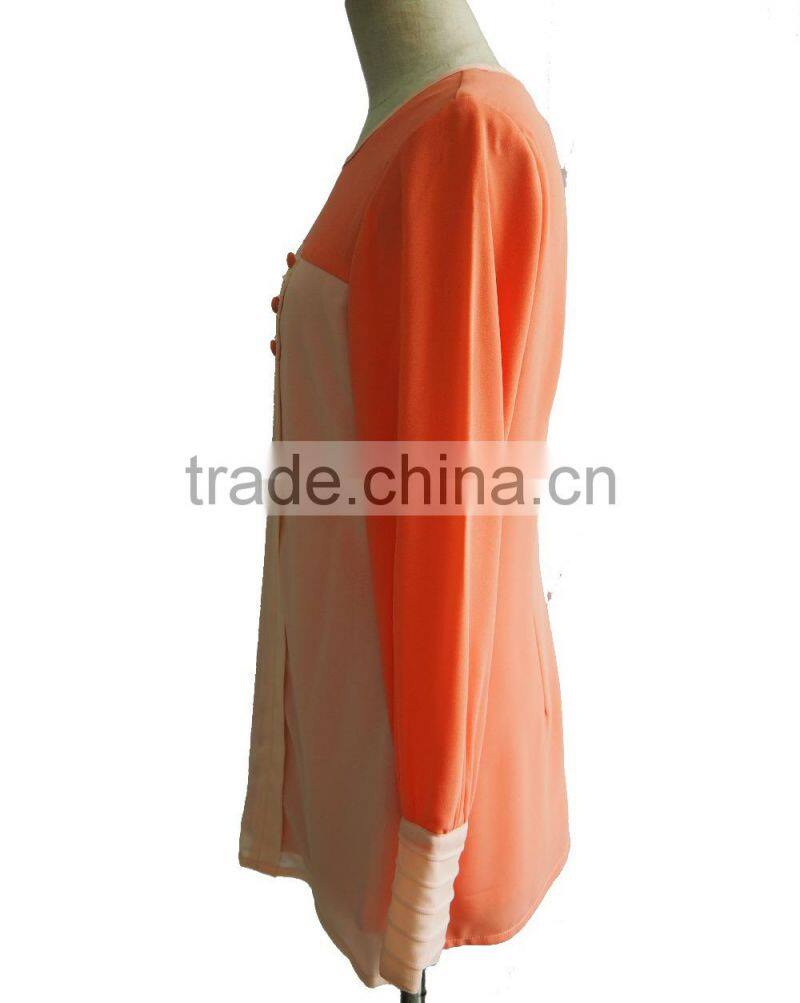 Malay style Round Collar Long Sleeve Orange Chiffon Shirt Blouse