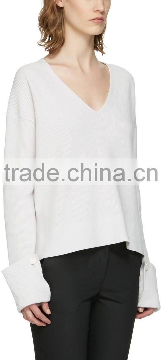 Women Wearing Sexy Design V Neck Blank White Sweater with Rolled Cuffs with Buttons