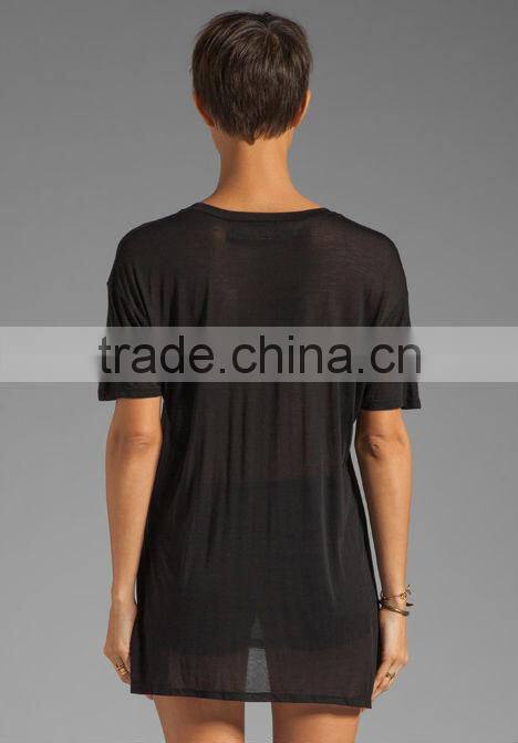 Modal Viscose Blend Loose Scoop Black Tee Shirts Wholesale