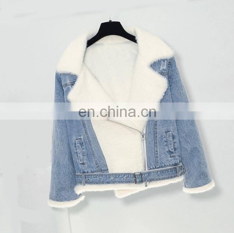 New style factory sherpa women fashion winter jacket berber Fleece Fancy denim ladies motorcycle jacket