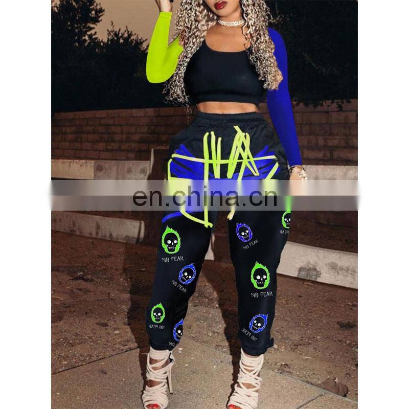 Clothing wholesale custom LOGO high waist slimming casual sports printing contrast color pants fashion trend women's trousers