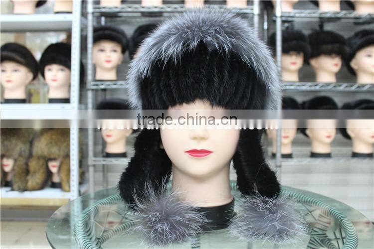 Women Winter Fur Hats Real Silver Fox Fur Pompom Mink Fur Hat With Ear Flap