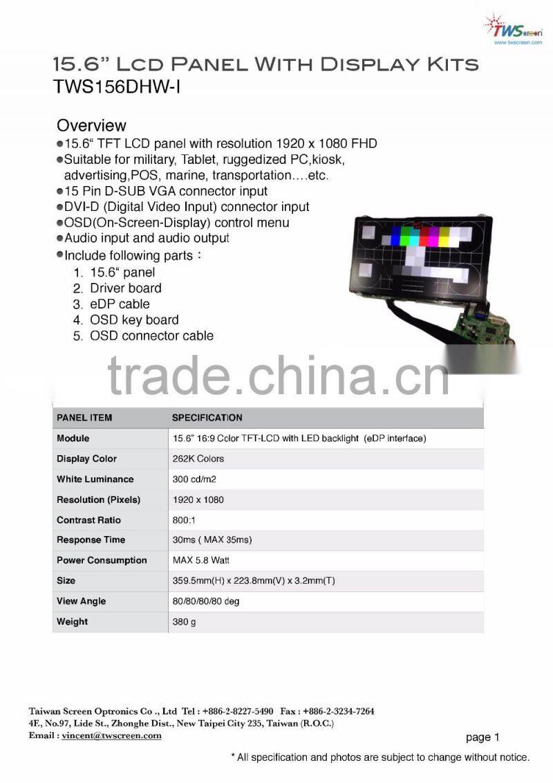 15.6-inch Flat Panel Screen 1920x1080 with edp interface Lcd Driver MAX 5.8 Watt power comsumption