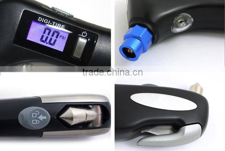 5-in-1 Digital LCD Display Tire Pressure Gauge w/ LED Flashlight ,Safety Belt Cutter and Safety Break Glass Hammer