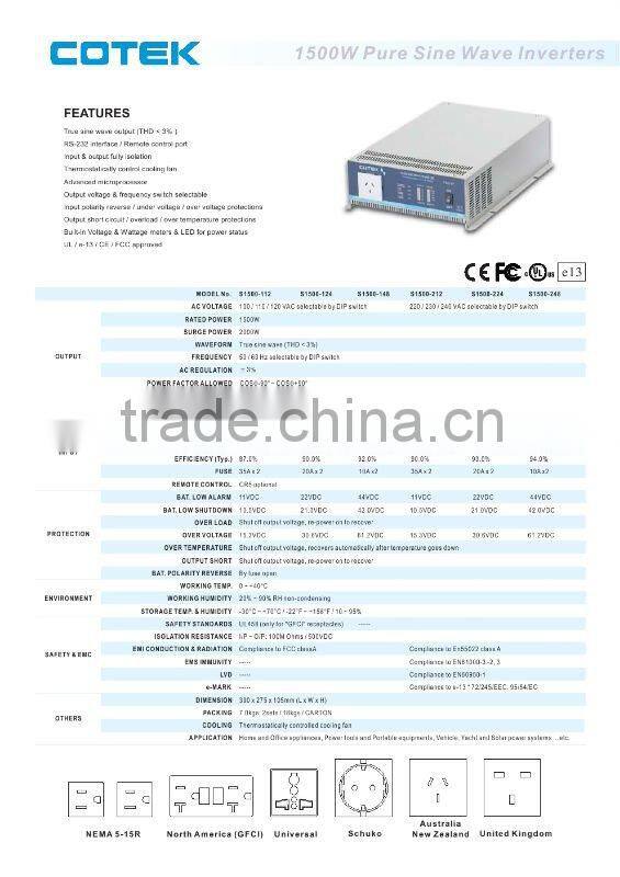 S1500-212 COTEK 1500w pure sine wave inverters with Power Saving 12V/24V/CE UL FCC E13