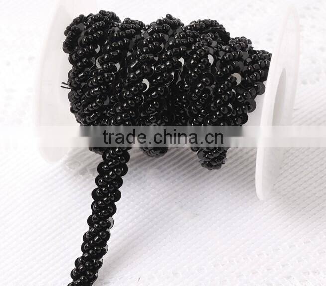 2016 Wholesale 1cm high quality fashion design black fancy embroidery beaded chain lace trim
