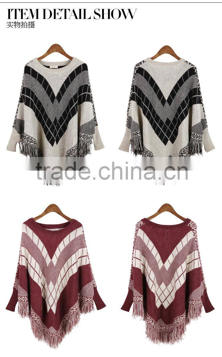 2015 European Geometric tassel bat sleeve cape coat long knit sweater