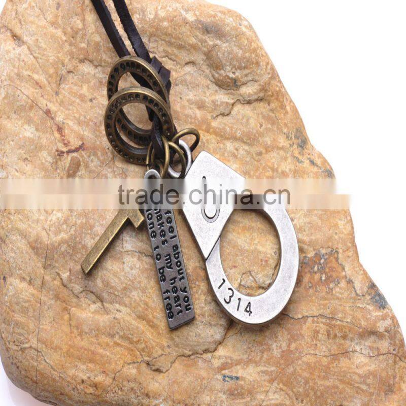 Genuine Leather Necklace with Antique Sliver Handcuff Carved Aphrodite Symbol Pendant.