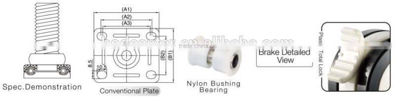 H8 Series Threaded Medical Caster Derlin Bearing 75mm PU wheel