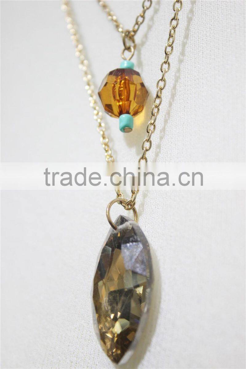 Newest Double Layered Elegant Smoked Topaz Glass w/ Brown Bead & Turquoise Seedbead Pendant Necklace 2016 Fashion Wholesale