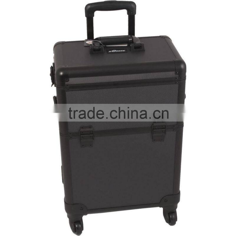 Black Texture Professional Aluminum Rolling Cosmetic Case Makeup 4-Wheel Trolley