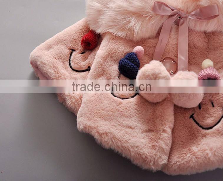 China Qualified Good Kids Children Baby Winter Coat Jacket With Embroidered Smile Face and Pompom Ball