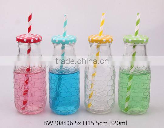 320ml glass milk bottle with metal lid and color paper straw