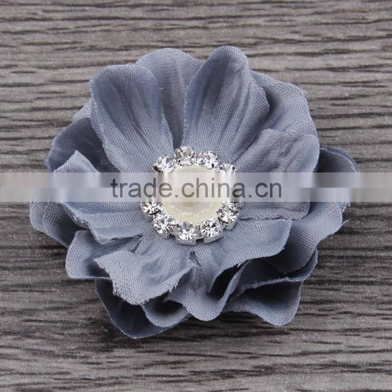 fabric flower with pearl rhinestone center for kids hair accessories