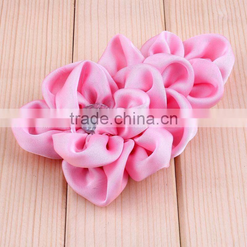 handmade satin fabric flower with rhinestone center for kids hair accessories