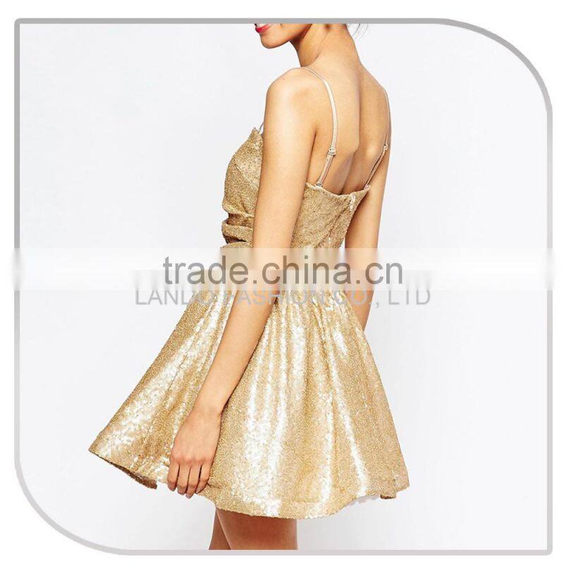 Sexy free shipping porm dress gold sequin spaghetti strap ball gown
