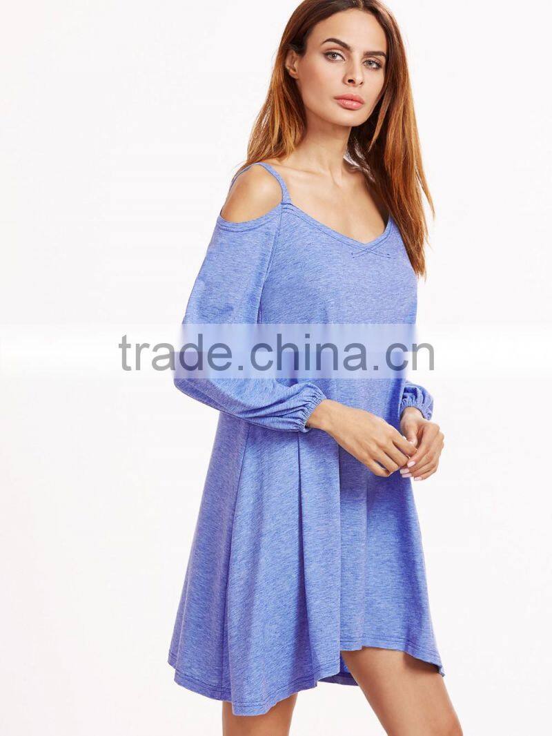 Blue Off The Shoulder Lantern Sleeve Swing Dress, Rayon dresses