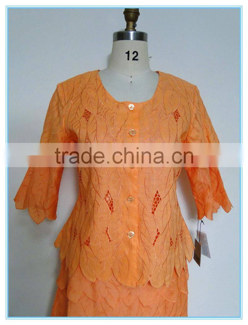 New design round neck church handwork embroidery ladies suit design